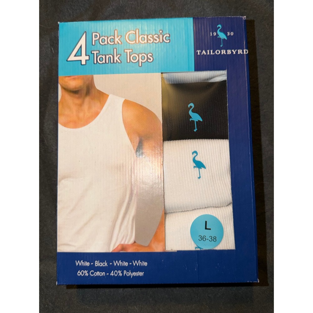 Tailorbyrd Mens 4-Pack Classic Tank Tops White Black Ribbed Cotton Blend Size L